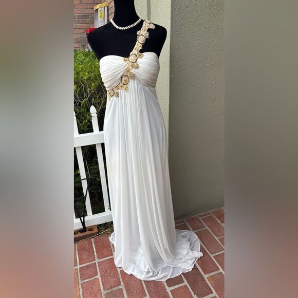 White Flowing Silhouette One Shoulder Gold Sequins Floral Embellishment Full Len - Picture 1 of 9